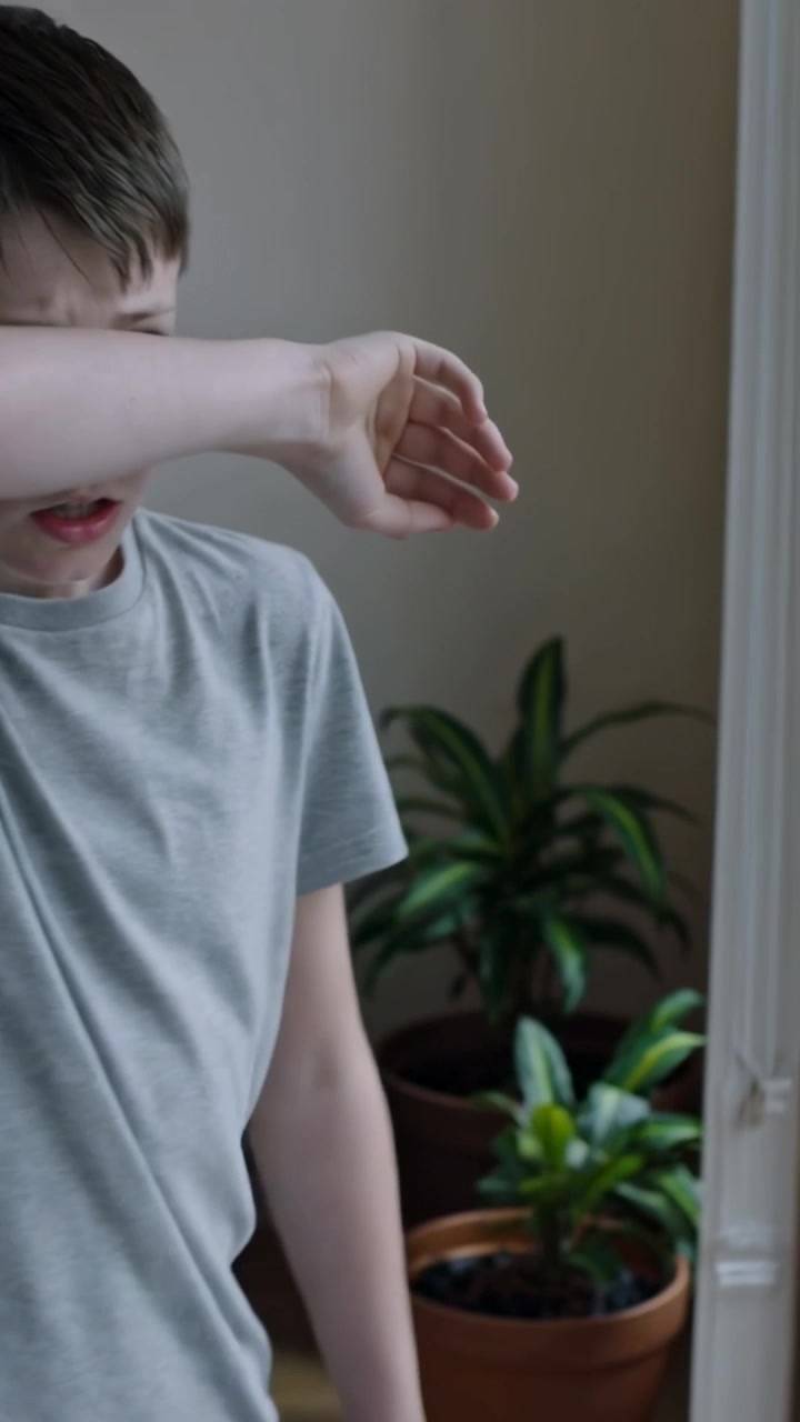 Video verticale: Un ragazzo guarda fuori, si gira, strofinandosi il viso vicino a una finestra con piante, indossando una maglietta grigia