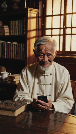 elderly gentleman using smartphone in traditional setting