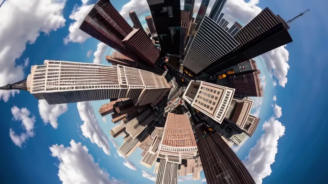 Aerial video captures a cityscape in a tiny planet style, with a fisheye lens creating a circular