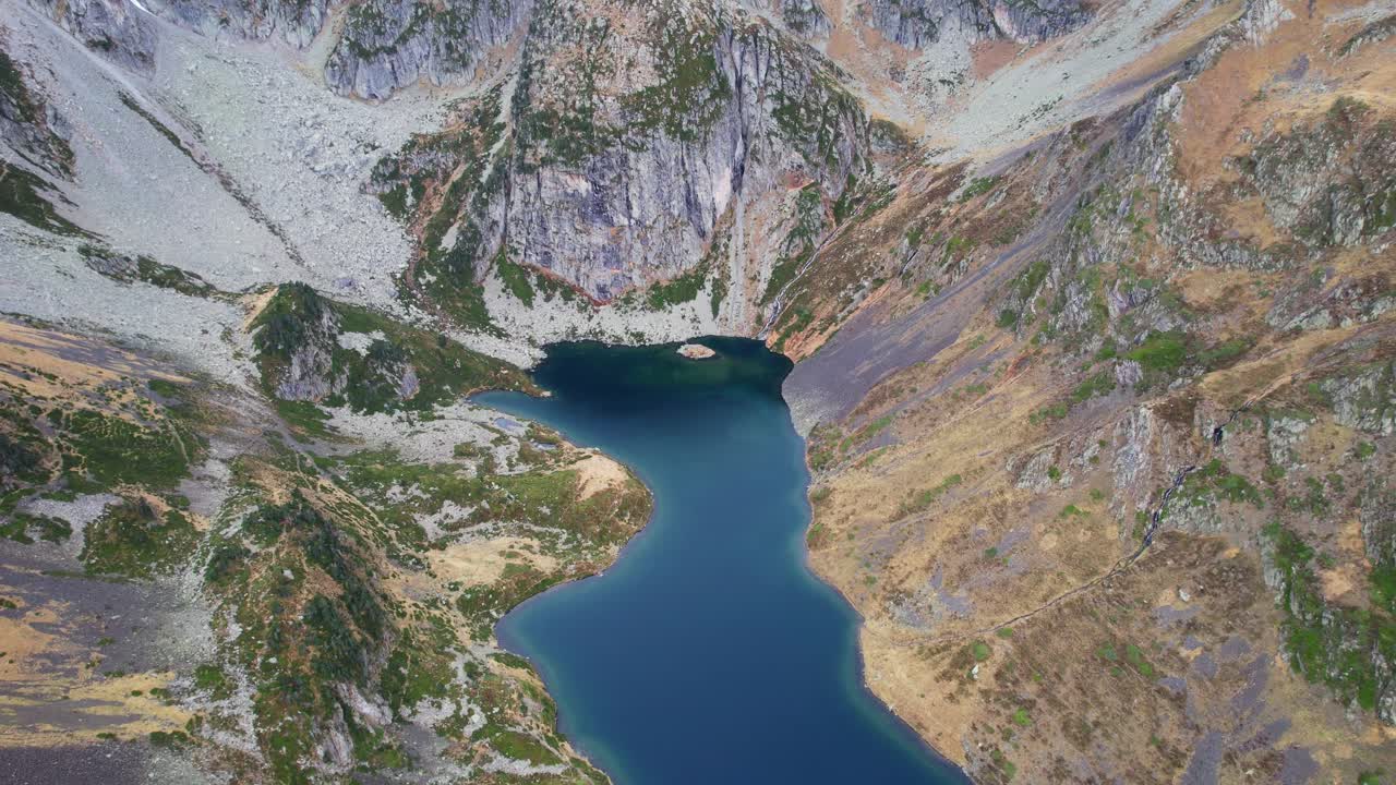 Scenic aerial view of Ilhéou Lake, nestled in Pyrenees mountains, France
