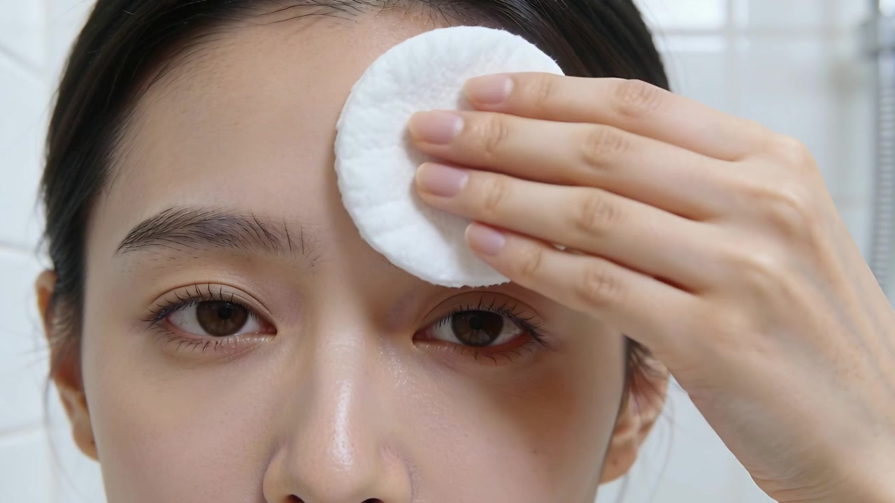 Placing cotton pad, Asian woman wiping forehead left in bathroom removing cleanser, tiles, shower