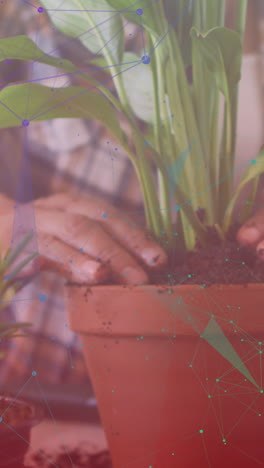 animation of shapes over biracial woman working in garden