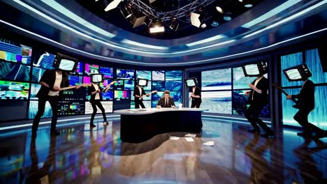 tv 헤드 밴드가 가상 뉴스 스튜디오에서 공연합니다.
