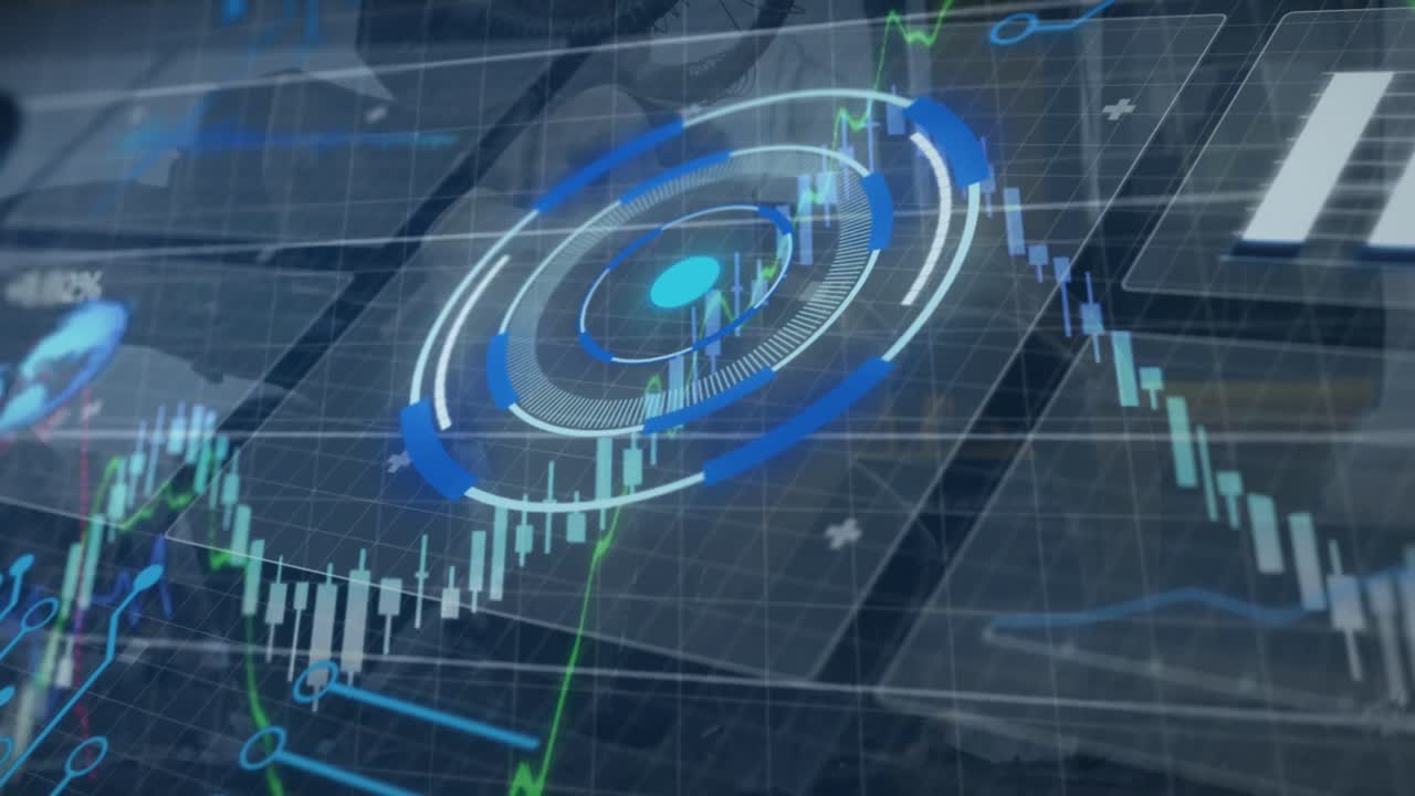 재무 데이터 처리에 대한 인터페이스의 애니메이션은 쓰레기장에서 수압 리프팅 기계에 대항합니다.