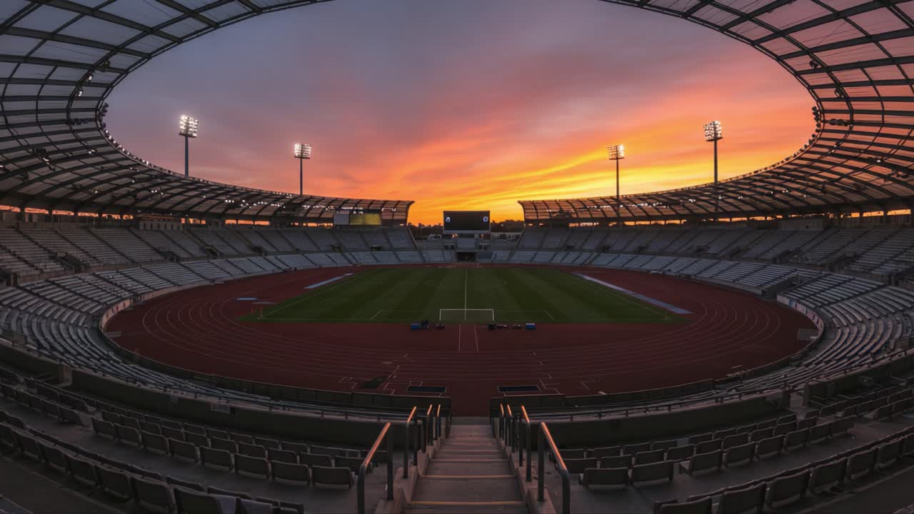 Panoramic View of an Empty Stadium at Sunset: A Serene Atmosphere with Colorful Skies Above, Illuminated by Stadium Lights for Upcoming Events