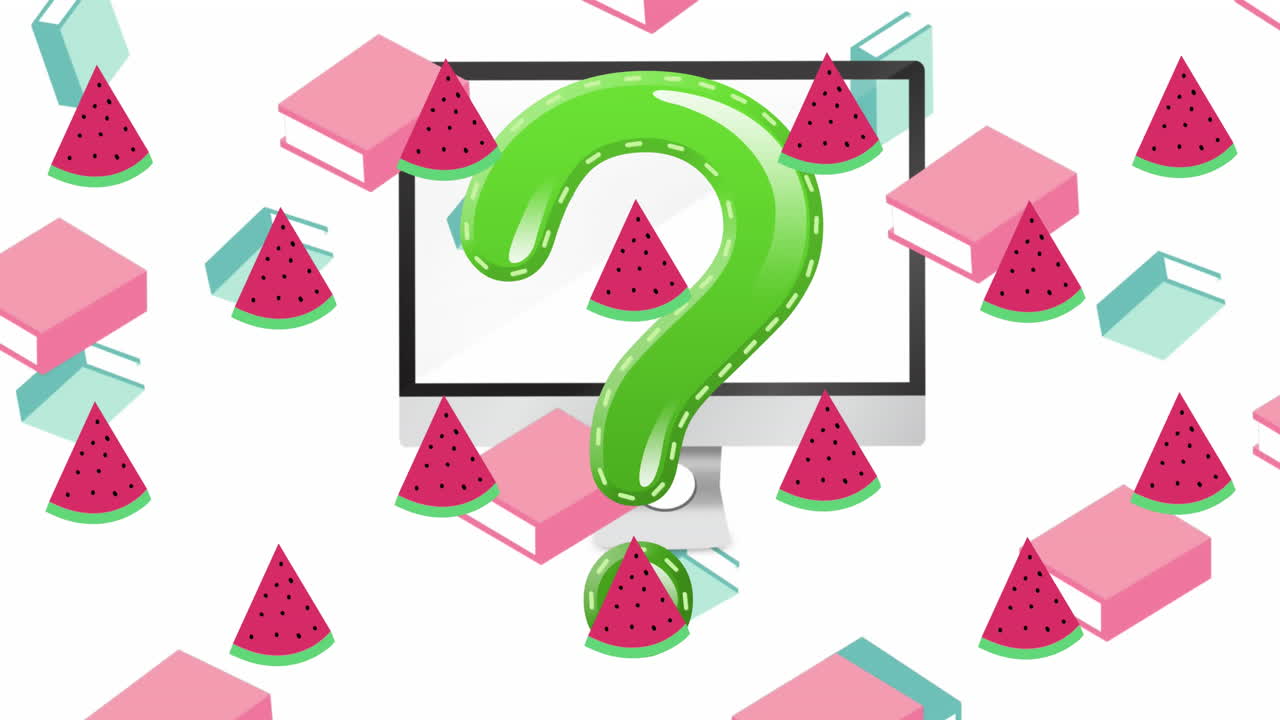 Animation of question mark over watermelon and book icons