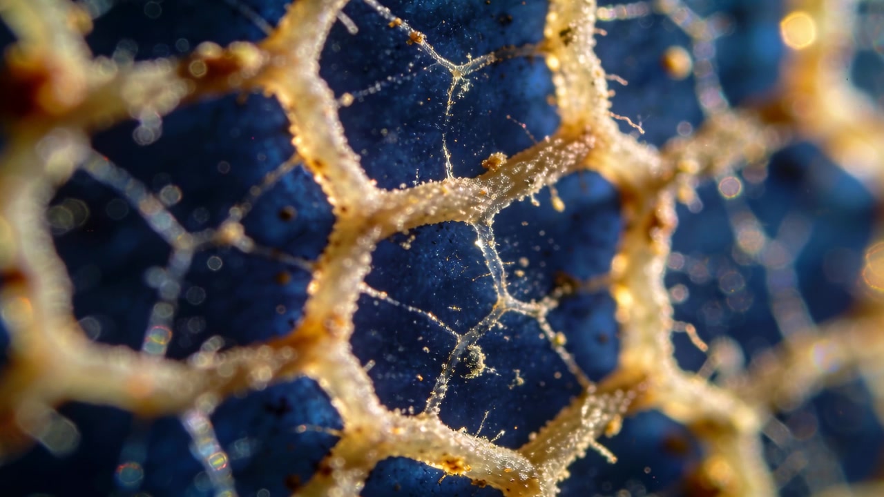 Spostamento della messa a fuoco che rivela un reticolo a nido d'ape con filamenti in movimento in un primo piano macro per rivelare i dettagli delle perline
