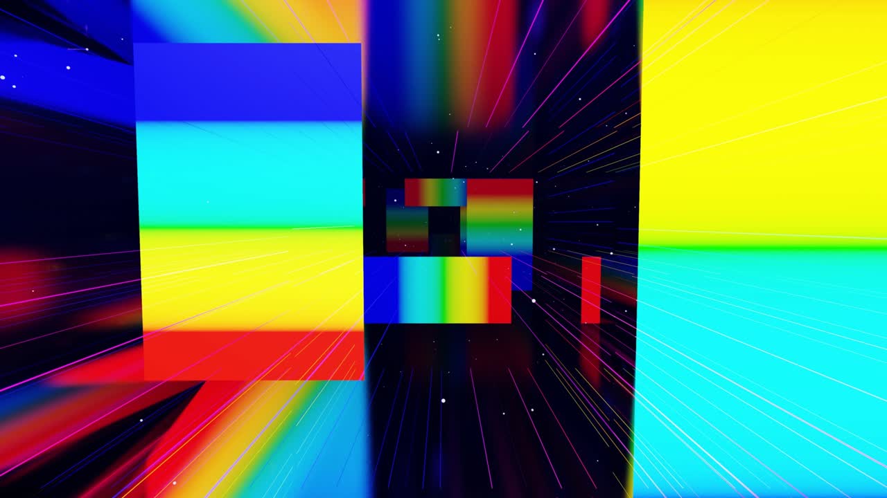 movimiento gráfico, cámara volar a través de espacio de arte abstracto, estructura multicapa con patrón y partículas. rectángulos de brillo, rayas y líneas. color de gradiente del arco iris. diseño de movimiento bucle vj. estructura 3d