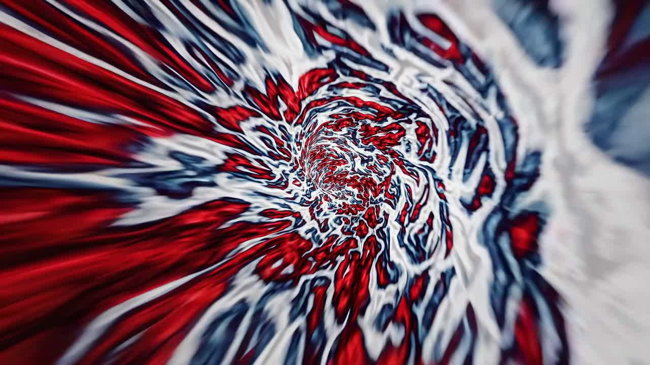 Dynamic swirl of red, white, and blue colors in a tunnel effect, captured from a central angle