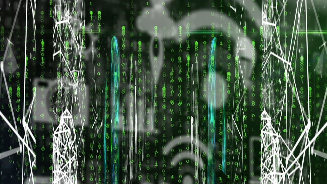 Animation of online digital icons, binary coding and data processing