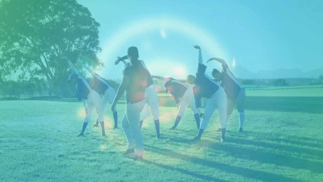Baseball players stretching on field with green light animation overlay