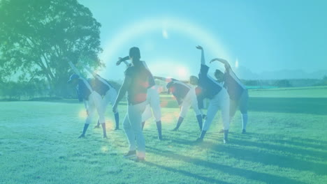 baseball players stretching on field with green light animation overlay