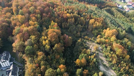 aerial-view-of-autumn-forest,-nature-landscape-in-Poland-with-private-luxury-isolated-villa-real-estate-concept