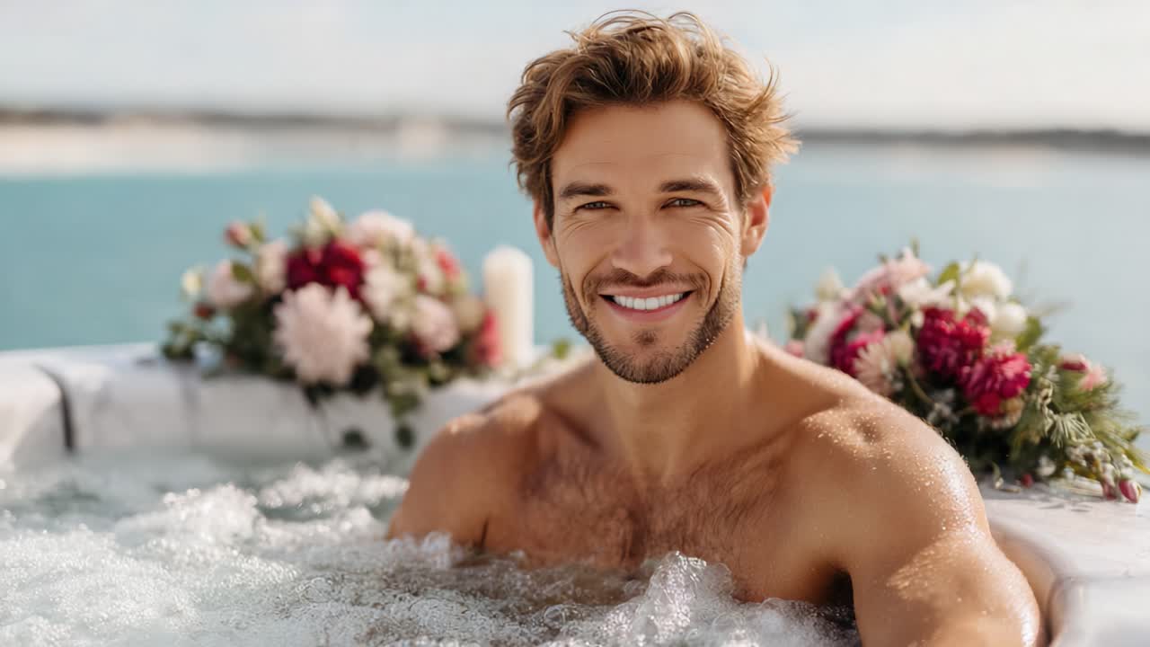 Urokliwy mężczyzna relaksujący się w luksusowym jacuzzi, otoczony pięknymi kwiatami i malowniczym widokiem na ocean, idealny na odprężający wypoczynek i odmłodzenie.