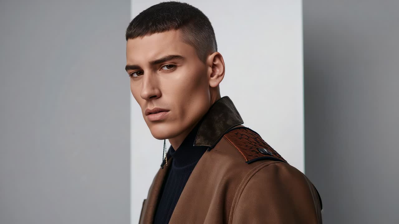 Turning male model posing in portrait studio as camera shooting frames, showing brown coat collar