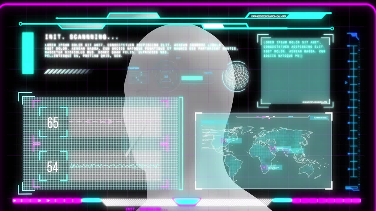 animación de humano digital sobre el procesamiento de datos en fondo negro.