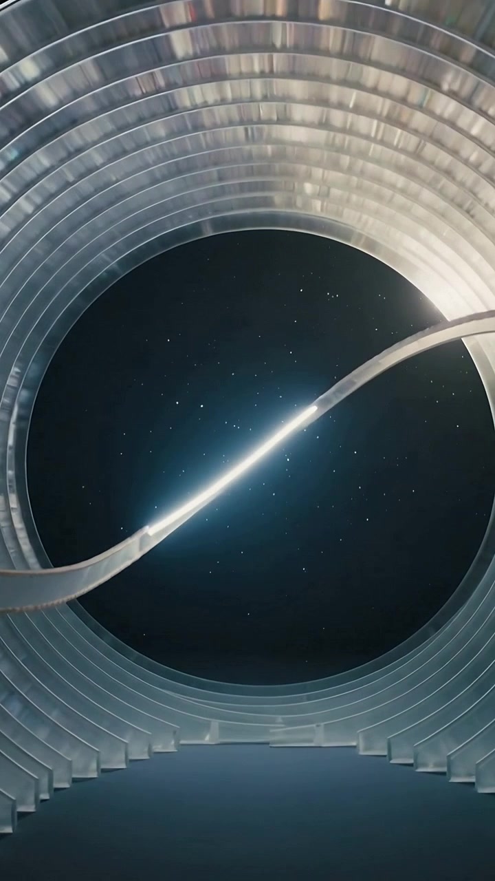 Video verticale: Un nastro luminoso che parte dal bordo sinistro e attraversa un portale in gradini ad anello scanalati