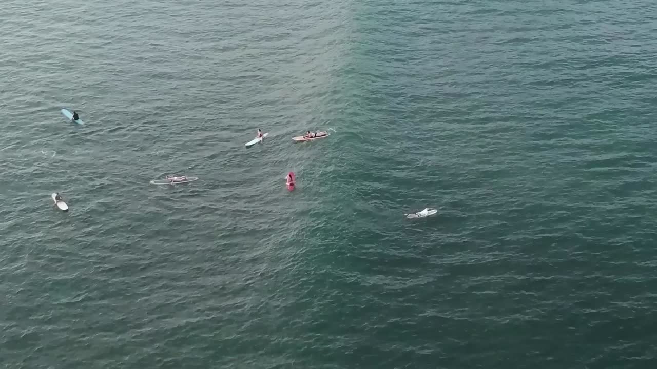 파도 위를 걷는 서퍼들 위로 공중 드론 하와이 오아후 섬