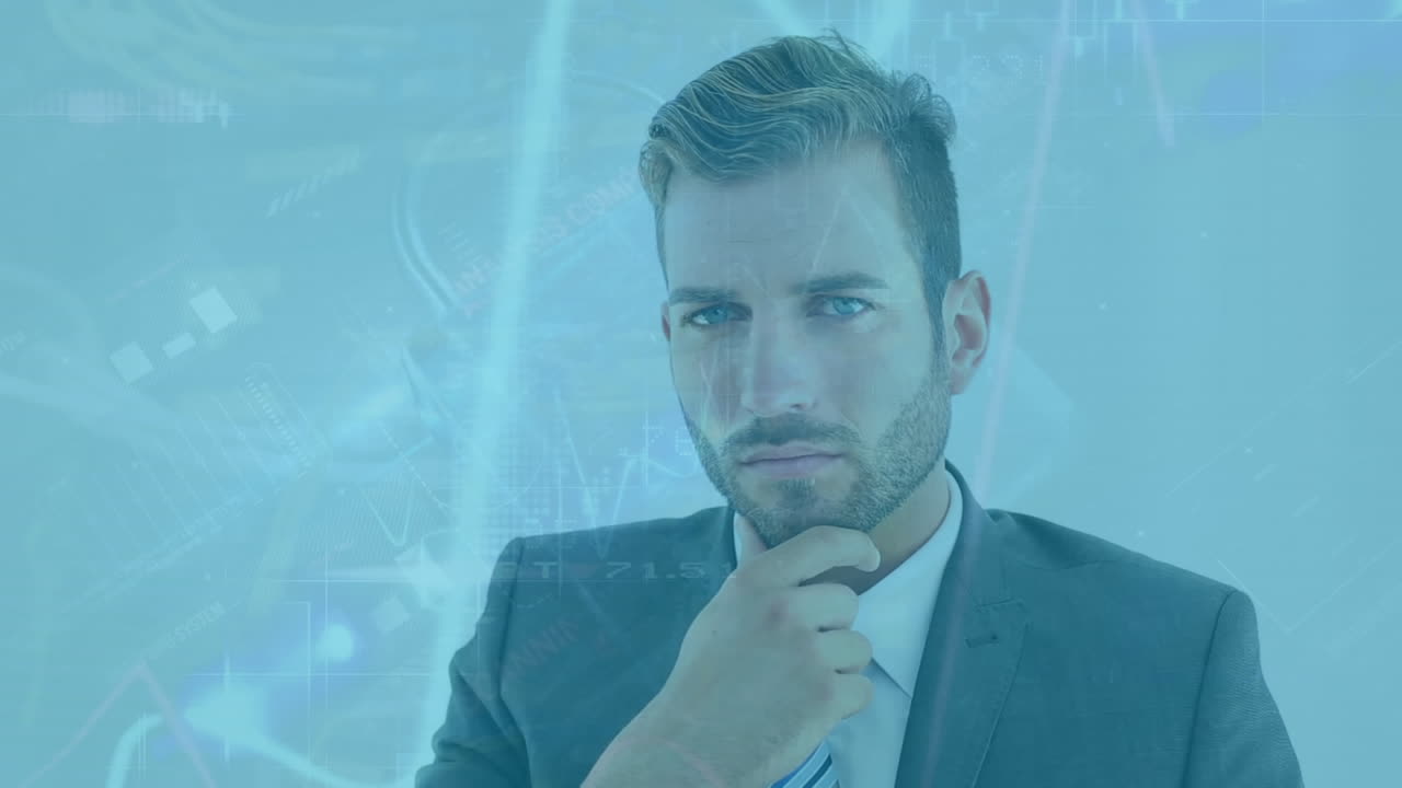 Animazione dell'elaborazione dati su un uomo d'affari caucasico che pensa