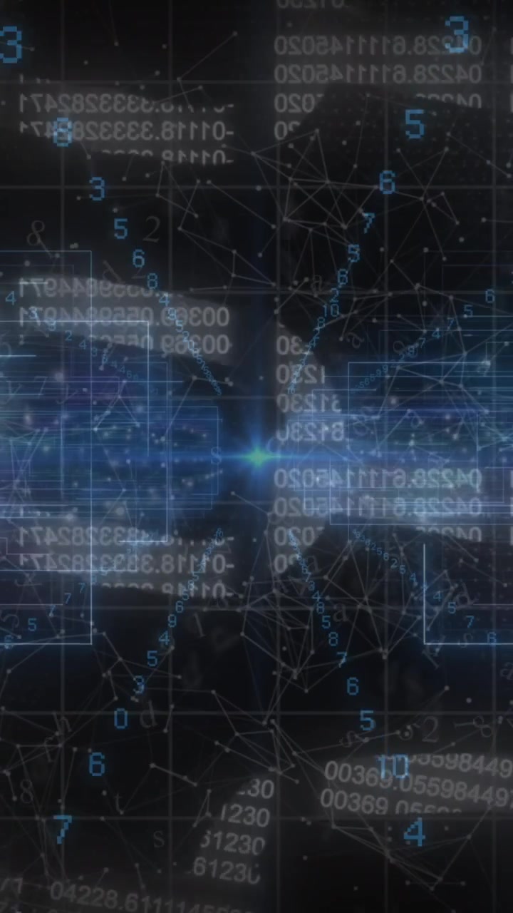 Blue light trails, data processing and security chain icon against black background