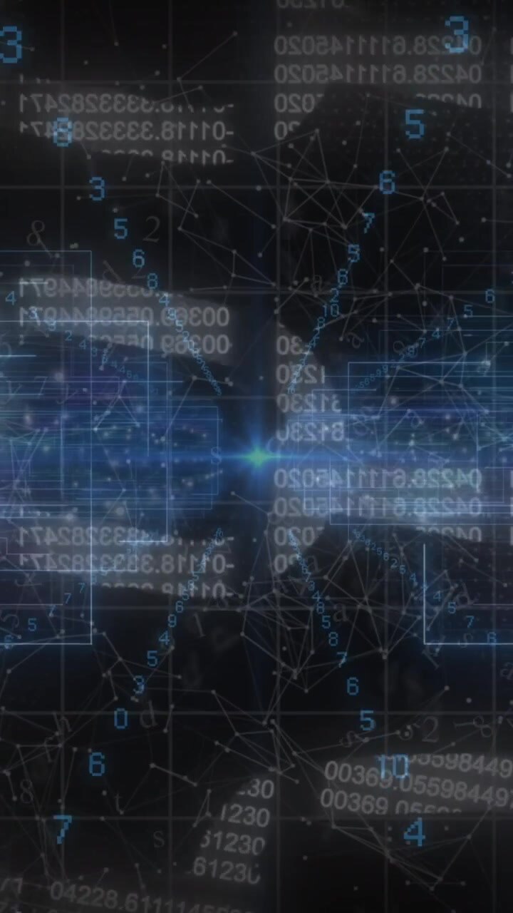 Blue light trails, data processing and security chain icon against black background