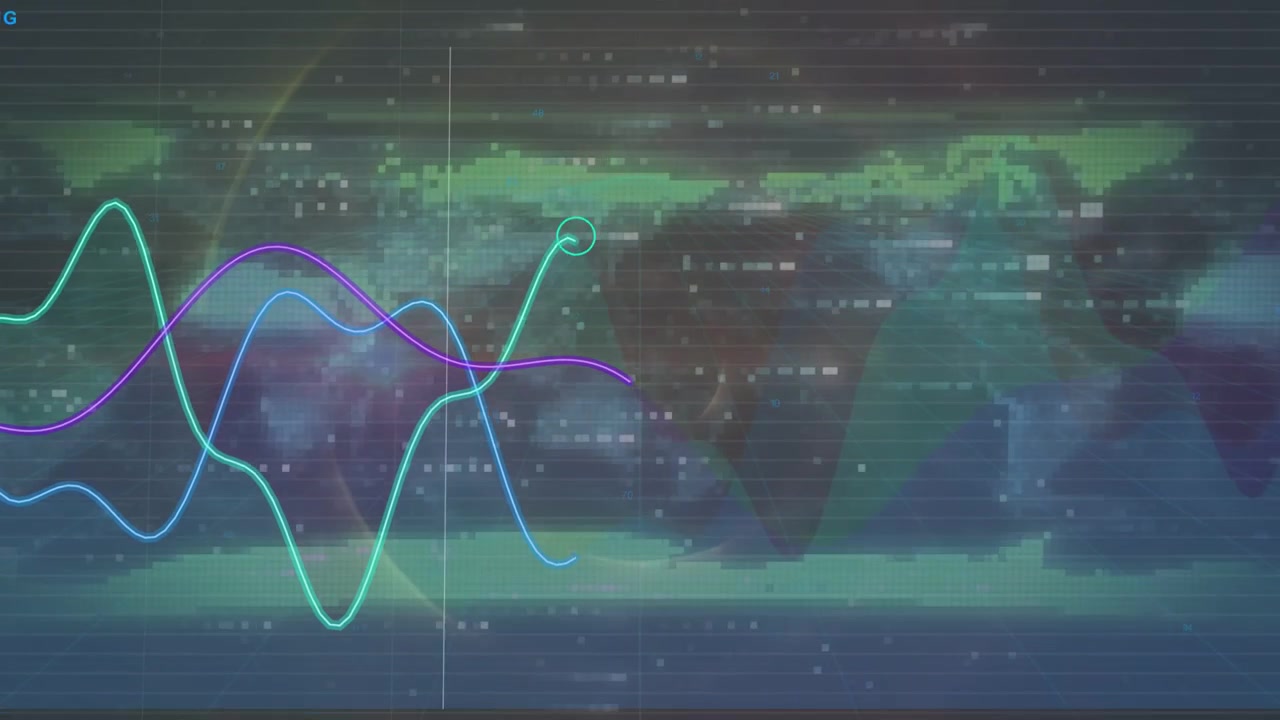 Stylized world map HUD showing trends, data blinking lines drawing right, marker tracking spike
