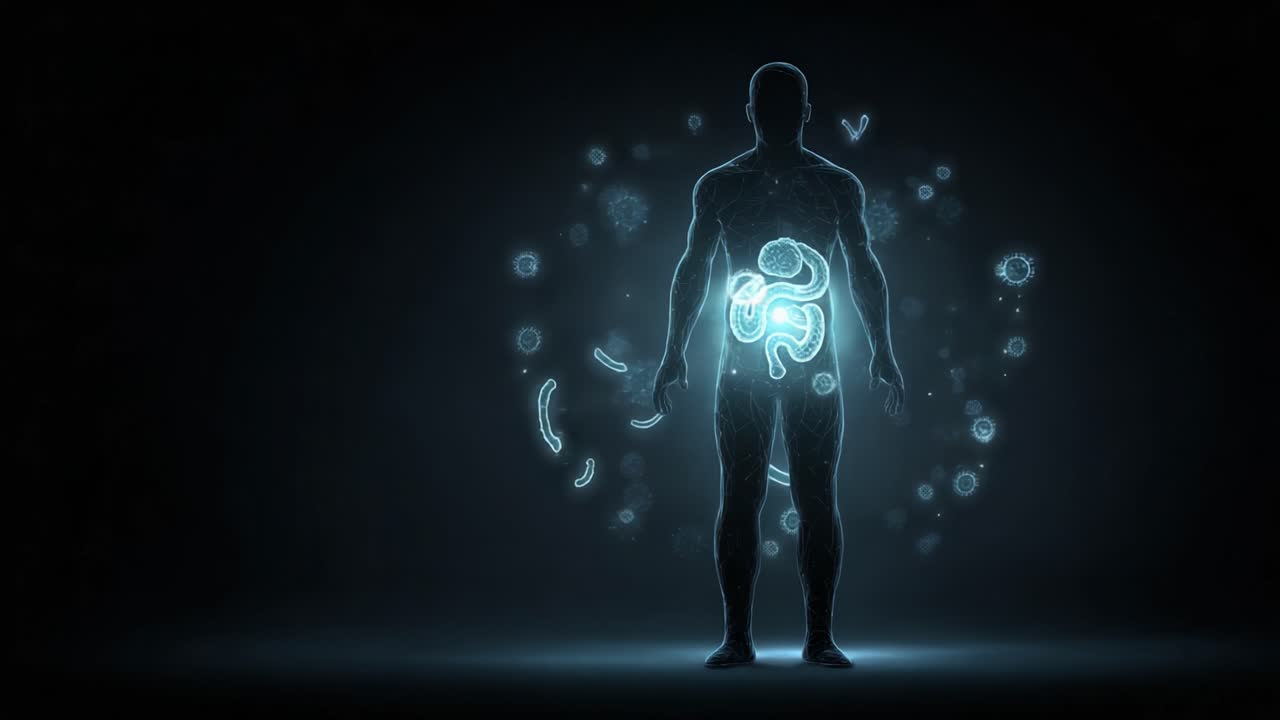 Illuminated Human Silhouette Showcasing Intricate Microbial Life Within the Body, Emphasizing the Dynamic Relationship Between Humans and Microorganisms