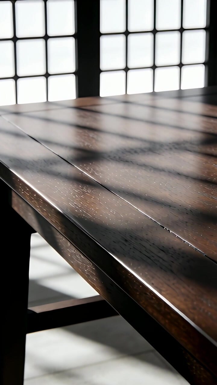 Vertical video: Moving sun from grid window casting shadows across table seam in room showing grain