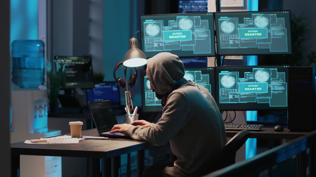 Hacker coding on laptop