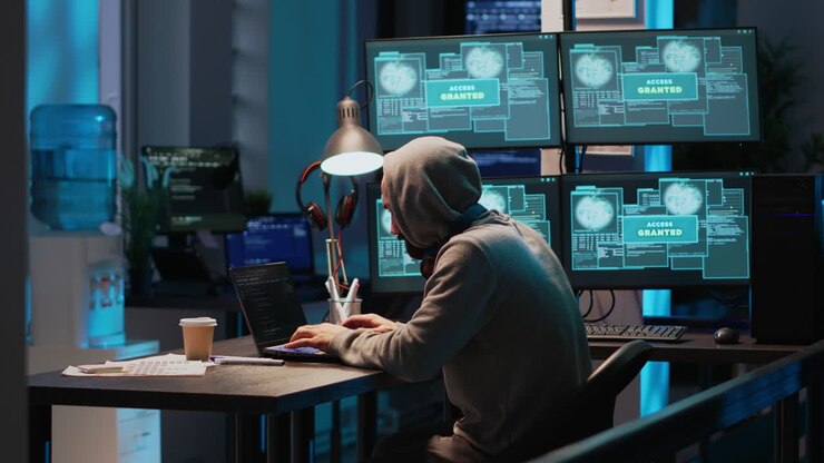 Hacker coding on laptop