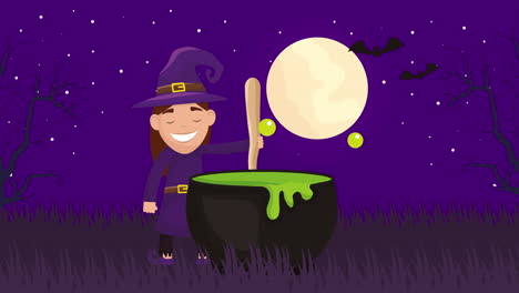 halloween dark scene with little witch and cauldron