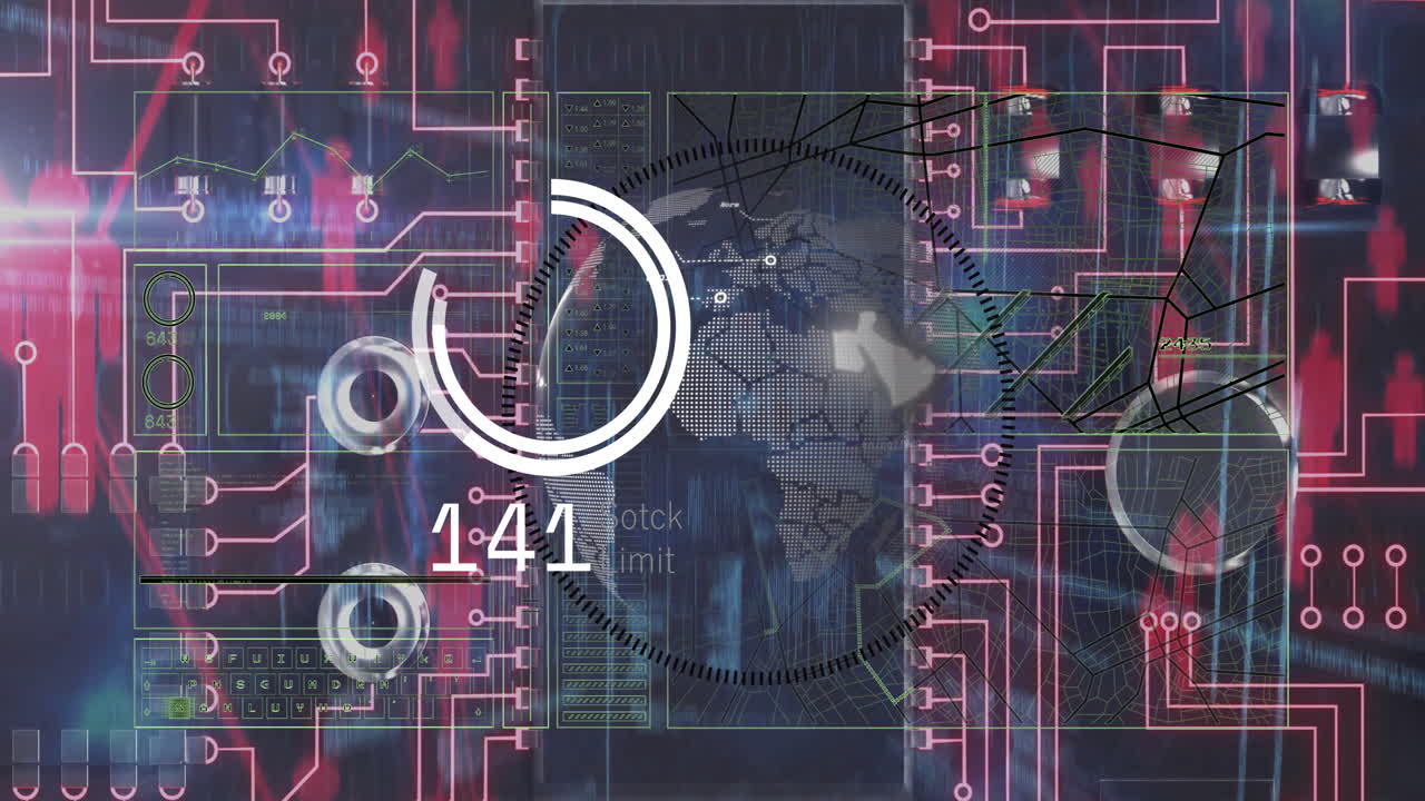 Animation of digital interface with circuit patterns and world map in background