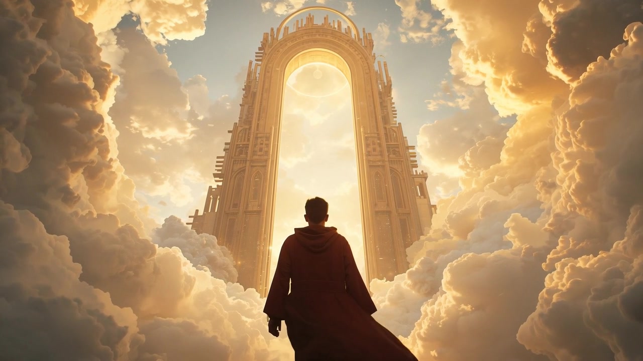 Un viaggiatore ammantato avanza seguendo la luce di un arco, avvicinandosi a un arco tra le nuvole con il mantello svolazzante.
