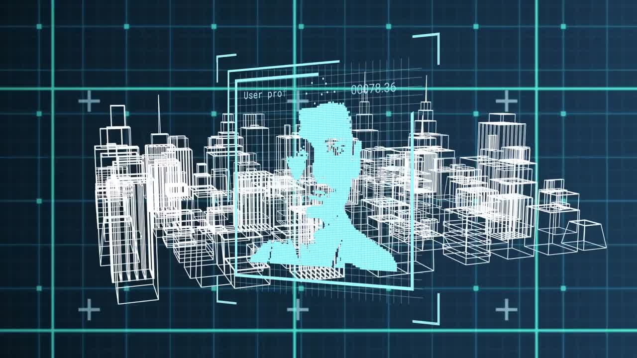 네이비 디지털 공간에서 사용자 사진과 메타버스 시티의 애니메이션