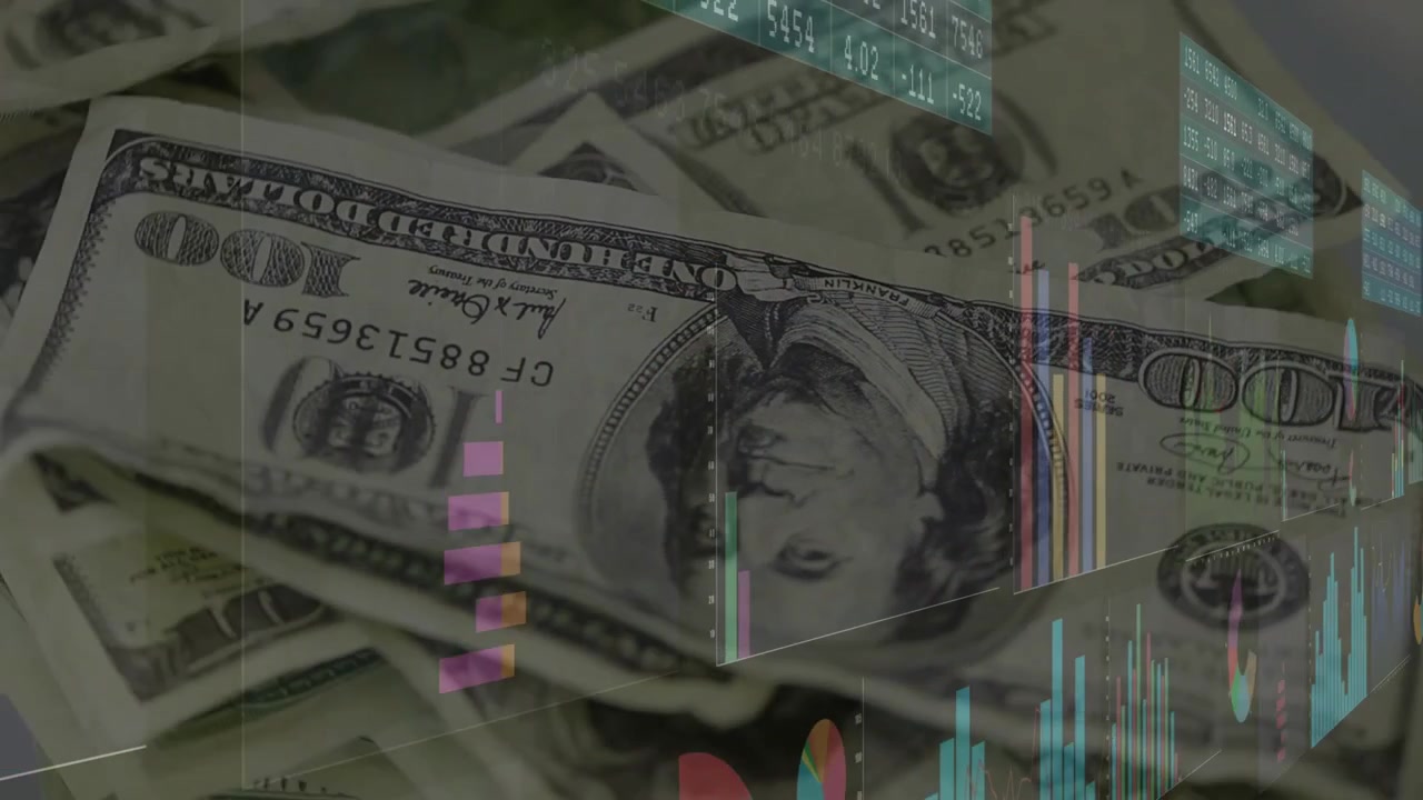 Bars appearing overlaying stacked US bills sliding across, rising and falling, showing market data