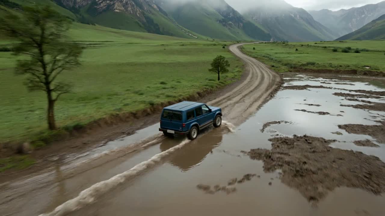 SUV blu che attraversa pozzanghere fangose su una strada sterrata in una verde valle di montagna.
