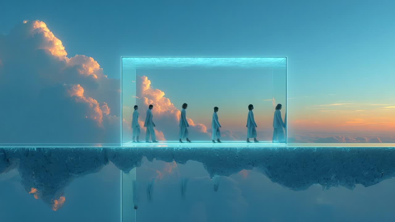 A surreal journey through an ethereal realm where figures elegantly traverse a translucent pathway, embodying the essence of movement and connection amidst a breathtaking sky