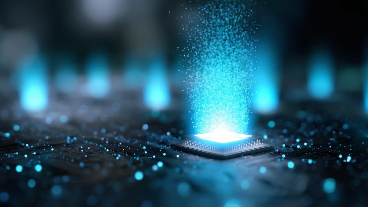 A mesmerizing close-up view of a glowing microchip emanating bright particles in a dark environment, showcasing the beauty of modern technology and innovation