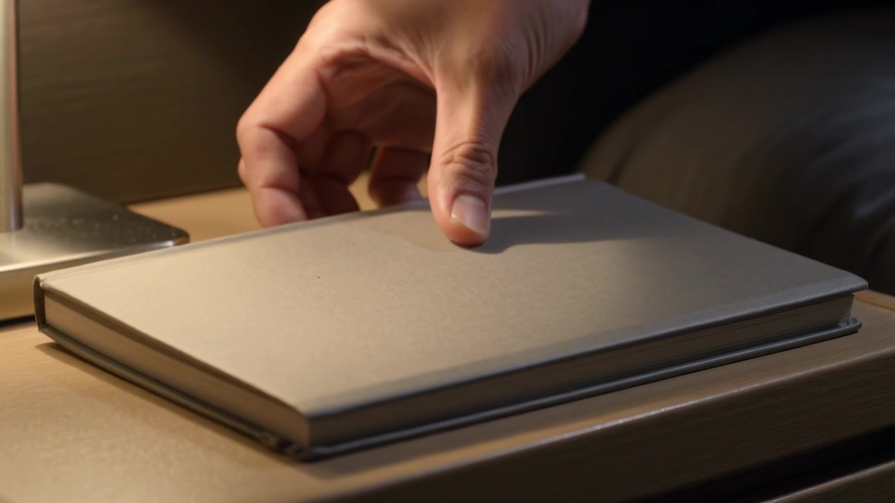 Entrando nell'inquadratura, mano destra che posiziona un libro grigio accanto a una lampada sul comodino, sistemandolo per la lettura.