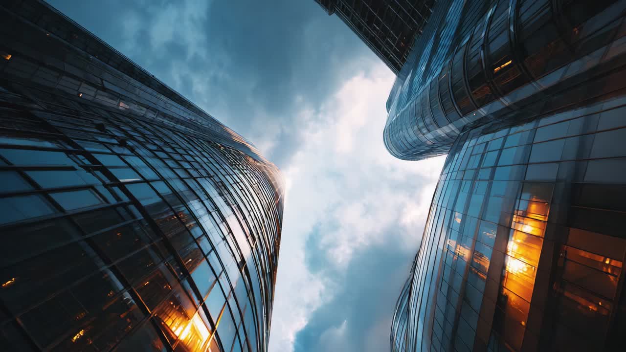 A Stunning View of Modern Skyscrapers Illuminated by Sunset Reflections, Showcasing the Beautiful Contrast Between Glass Facades and a Dramatic Cloudy Sky Highlighted with Warm Hues of Light