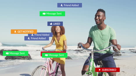 notificaciones de las redes sociales animación sobre personas que andan en bicicleta en la playa