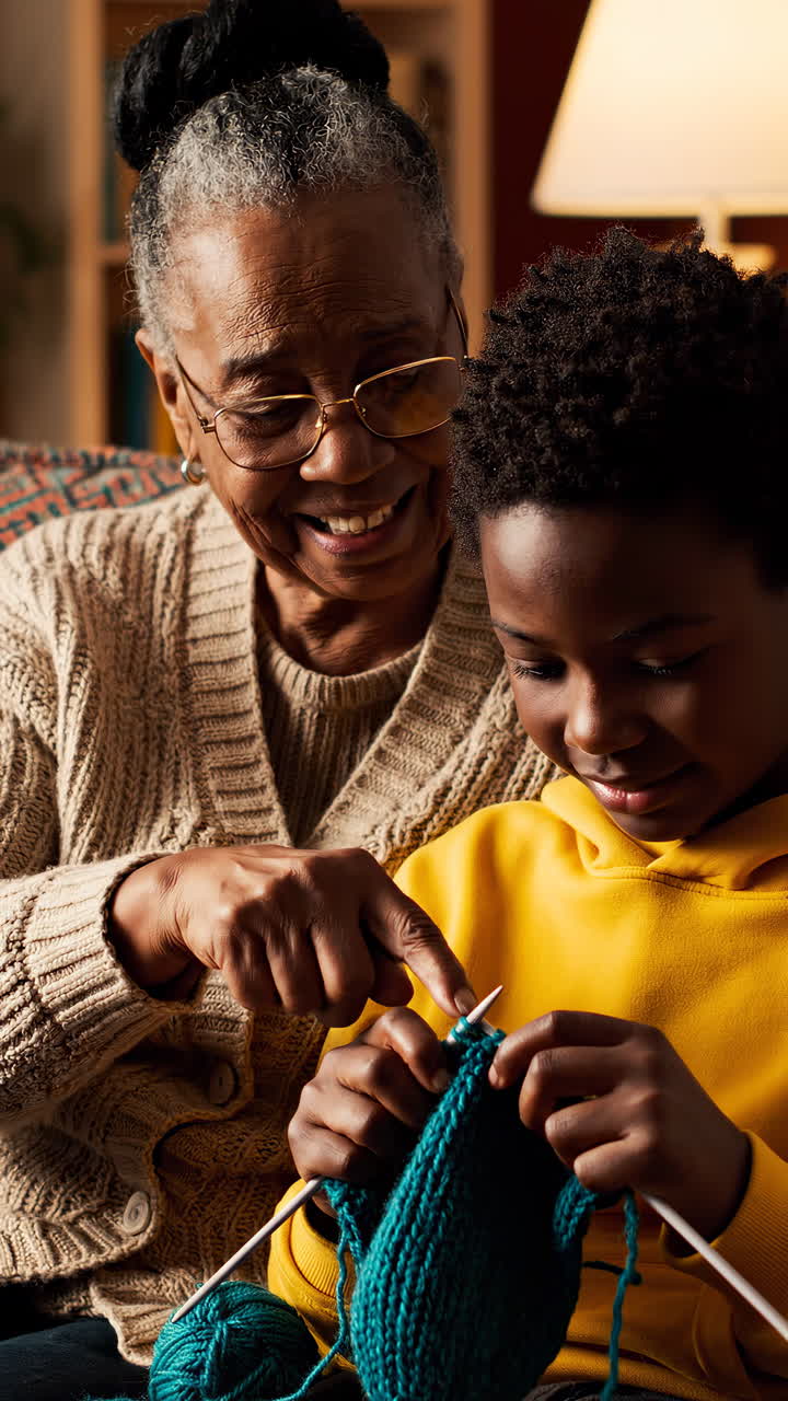 Nonna che insegna al nipote come lavorare a maglia a casa