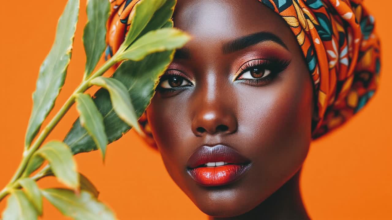 Beautiful African Woman in Headwrap and Fashionable Makeup