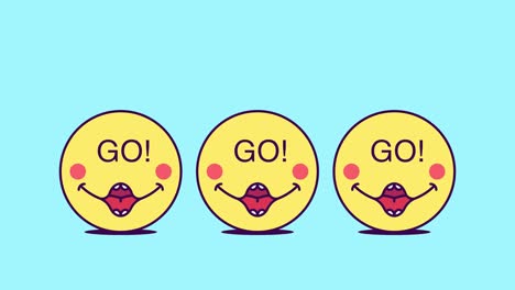 3 jumping emoji faces with phrase go. emoticon with text go. cartoon looped animation