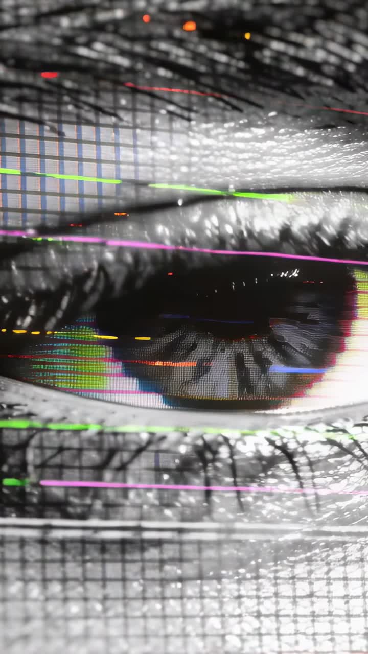 Vertical video: Following pixel grid eye opening and blinking at screen with scanlines and lashes