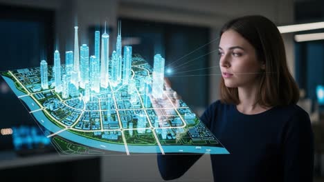A Captivating Glimpse into the Future: A Woman Interacts with a Holographic Map of a High-Tech Cityscape, Merging Real and Virtual Realities