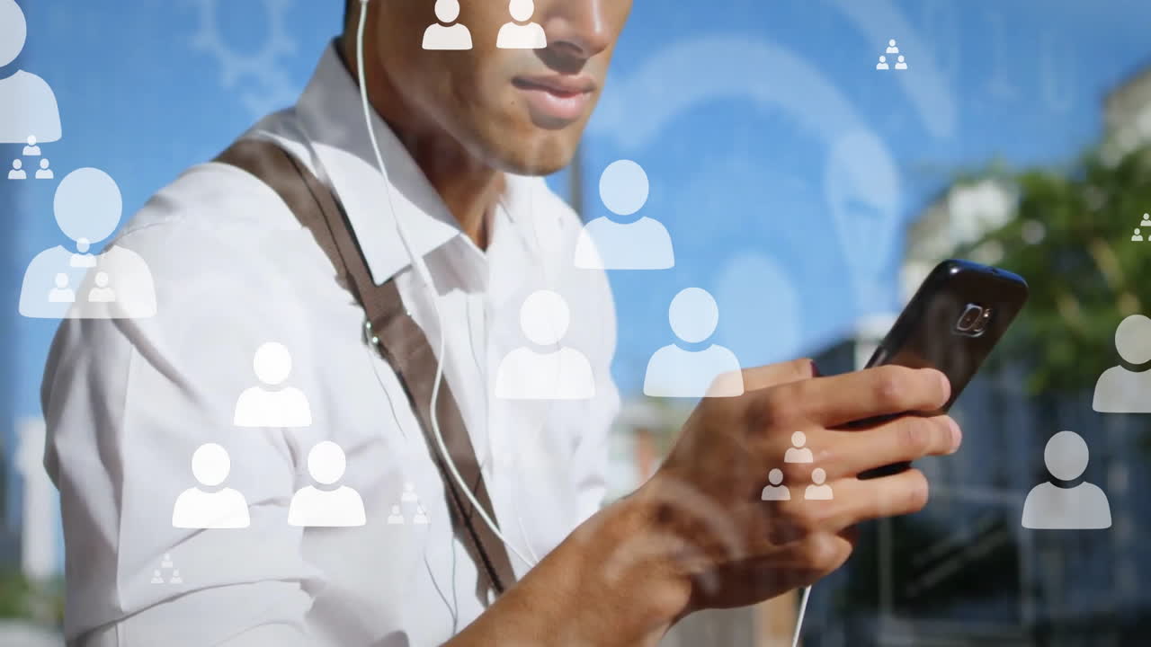 Animation of profile icons flowchart, icons over biracial man listening to music wearing headphones