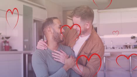 Animation-of-heart-icons-over-diverse-gay-couple-embracing