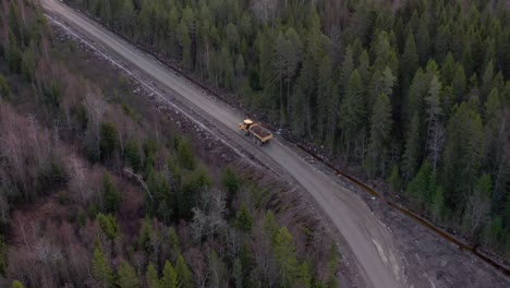 articulated truck driving through a dirt road in the middle of the forest with cargo from a construction site, heavy equipment