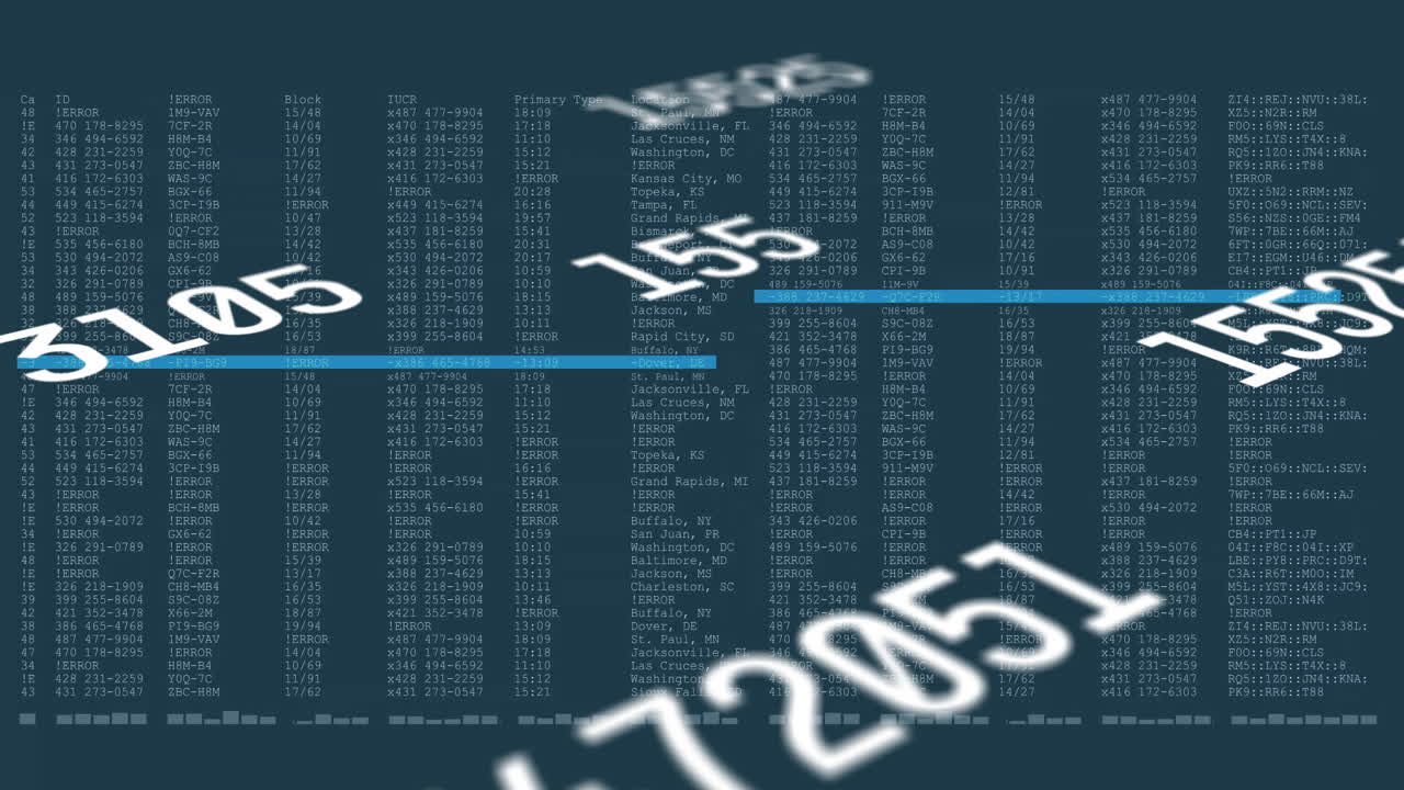 Dark teal interface displaying code columns with floating blurred numbers creating glitch art